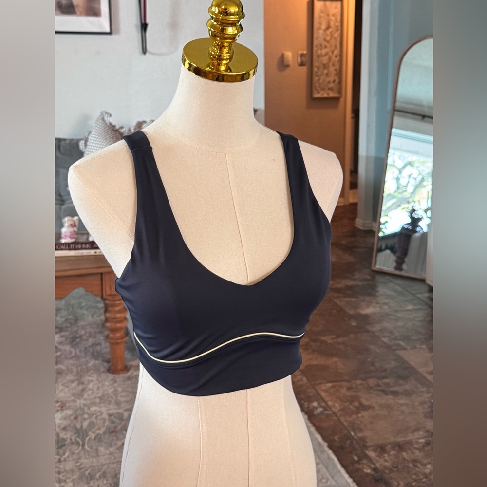 Navy Blue Sports Bra with White Accents